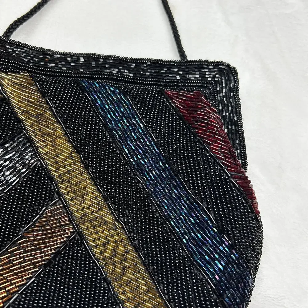 Vintage Beaded Evening Bag Black Rainbow Shoulder Purse Garfinckel's Pocketbook